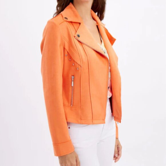 Frank Lyman Orange Knit Suede Moto Jacket Size Medium - Picture 2 of 5